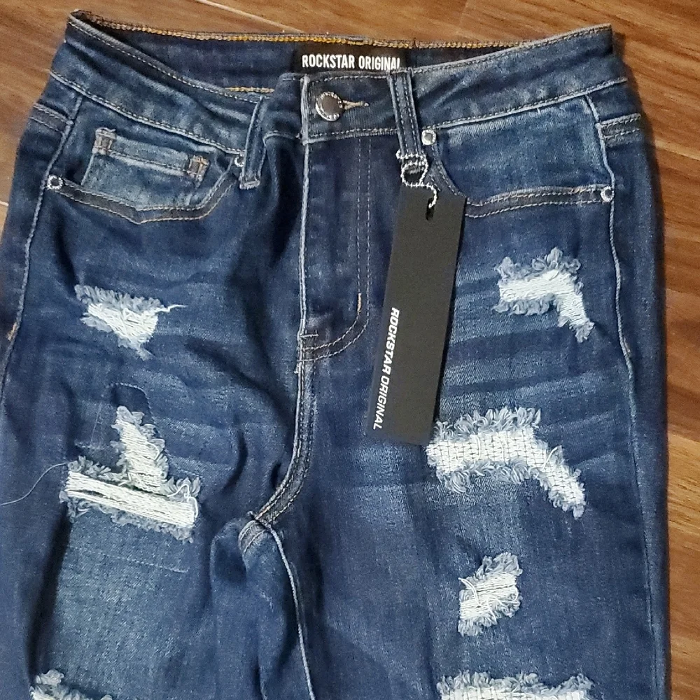 Rockstar Original Dark Blue Distressed Flare Jeans - Picture 3 of 9